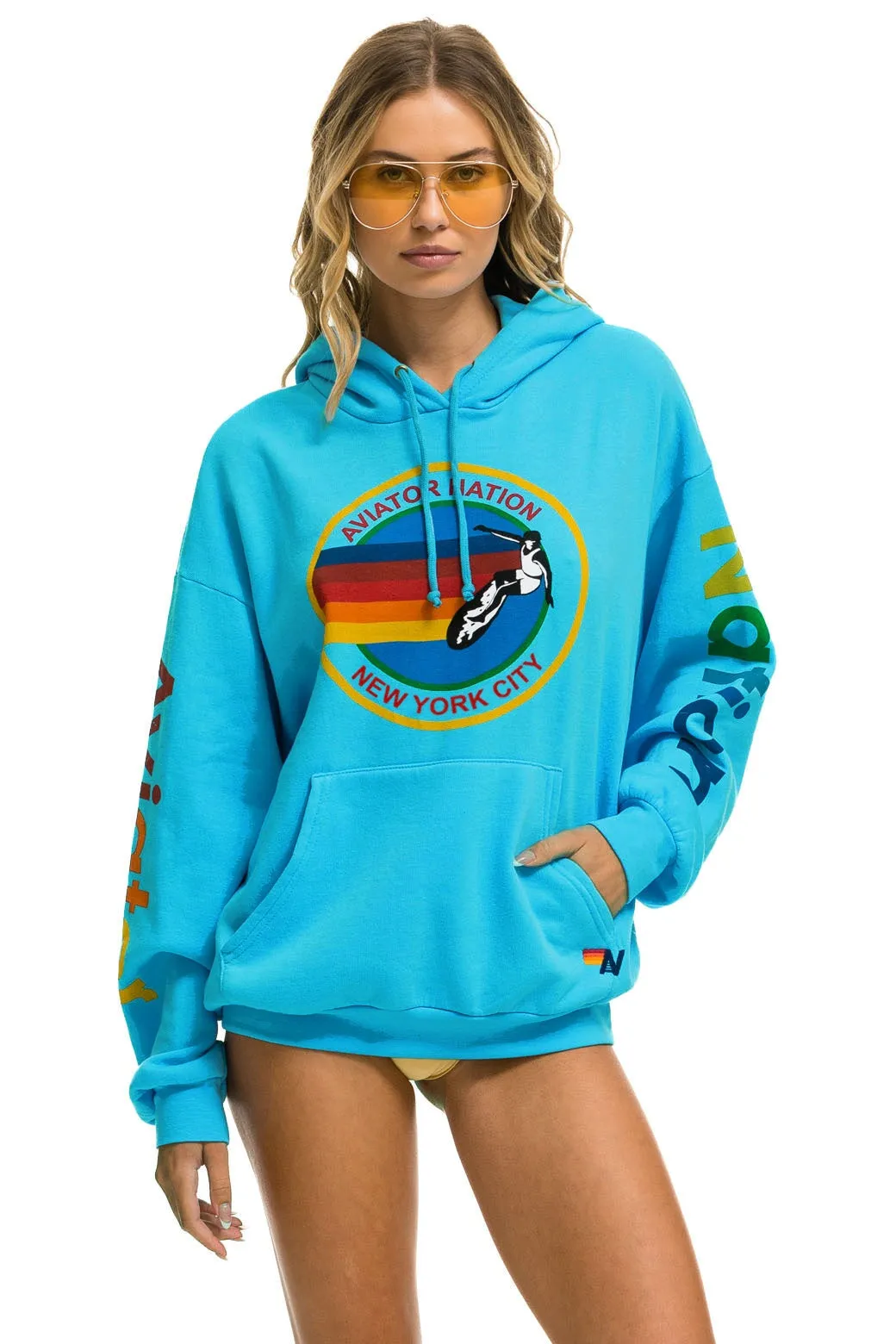 AVIATOR NATION NEW YORK CITY RELAXED PULLOVER HOODIE - NEON BLUE