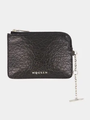 Black Crackled Leather Zip Coin Pouch with Chain