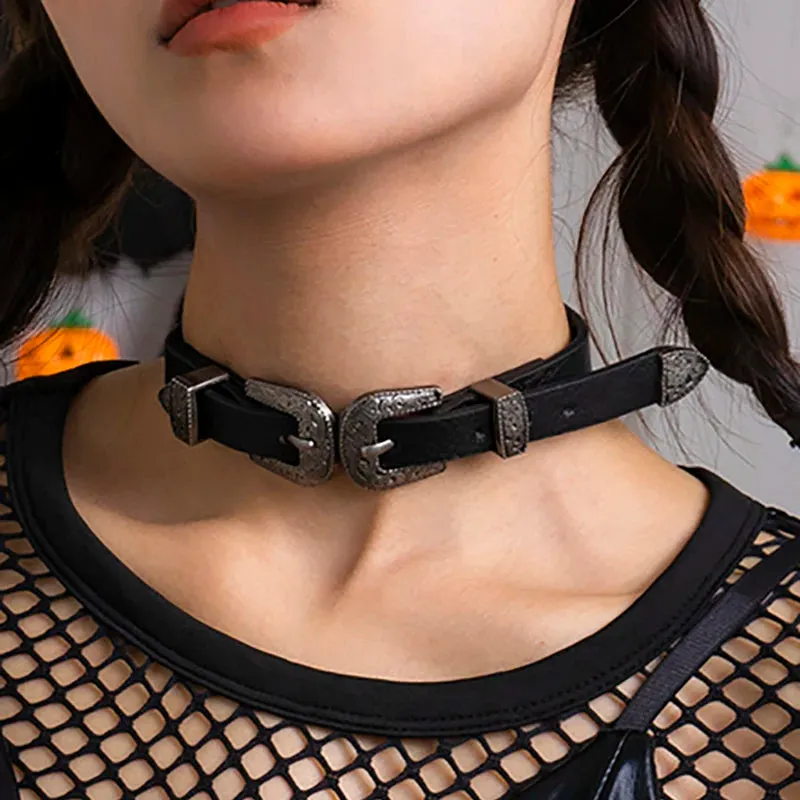 Black PU Leather Double Buckle Choker