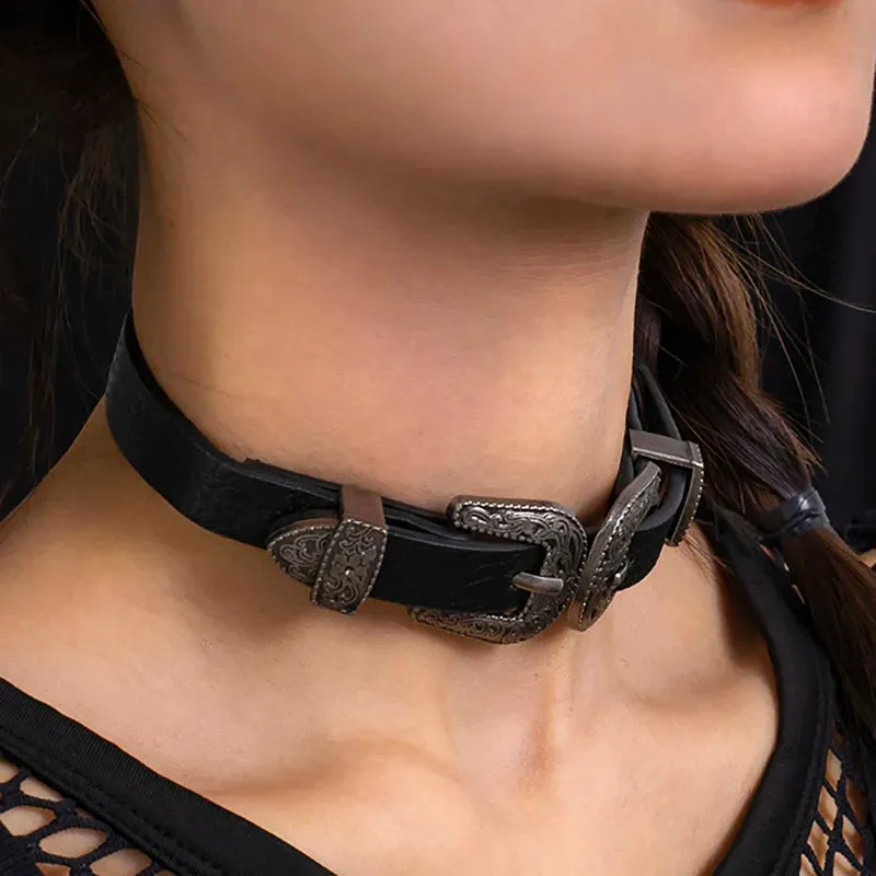 Black PU Leather Double Buckle Choker