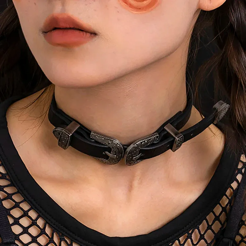 Black PU Leather Double Buckle Choker