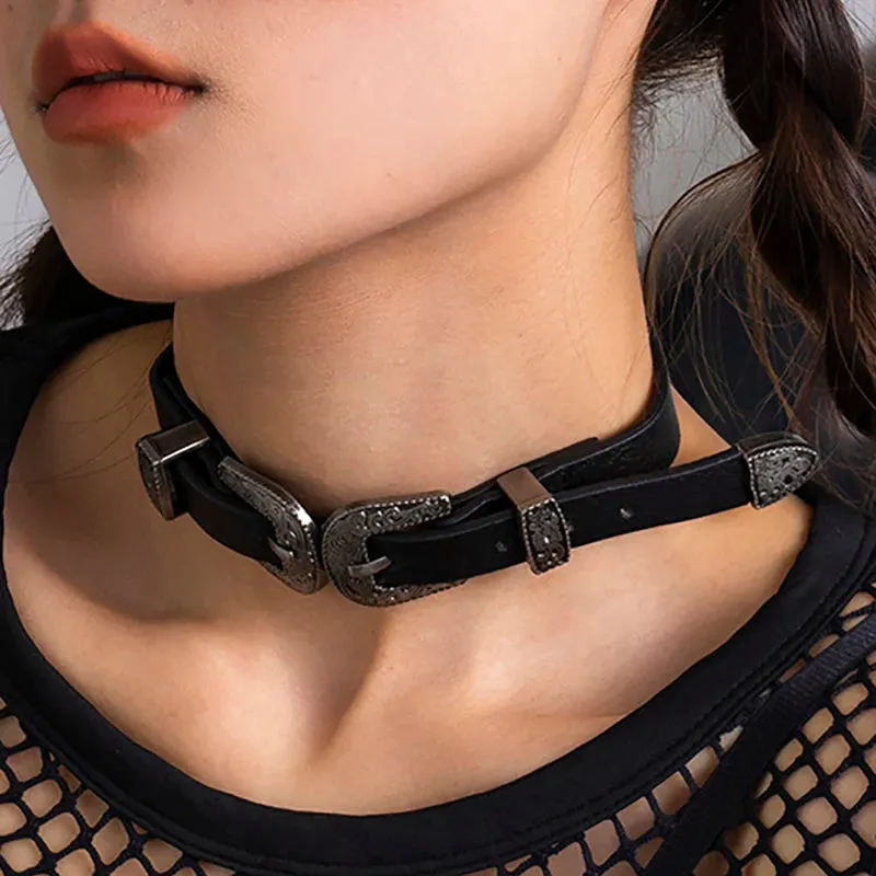 Black PU Leather Double Buckle Choker