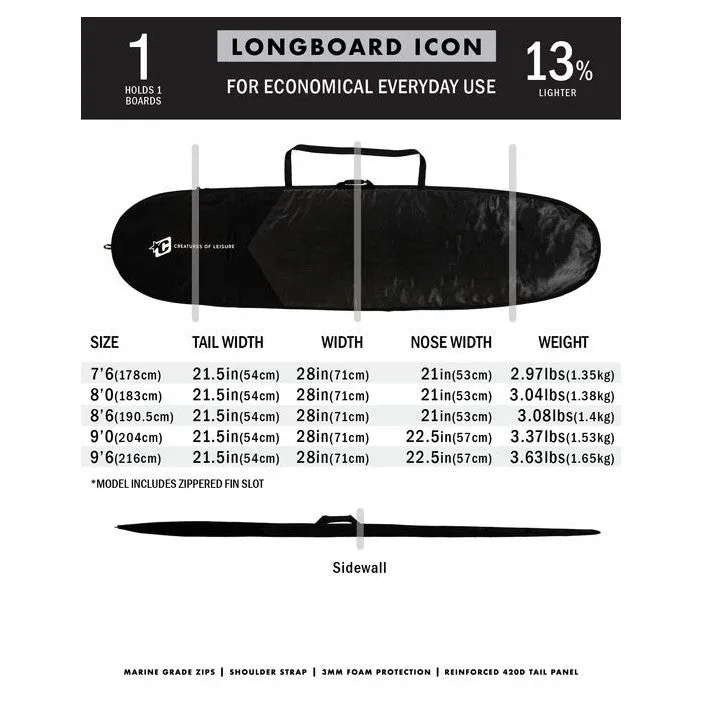 Creature of Leisure board bag - LONGBOARD ICON LITE (with fin slot) : Black Silver