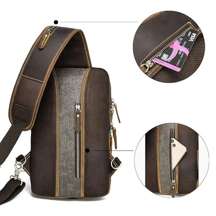 Dazzlo Vintage Full Grain Leather Sling Bag Crossbody Chest Daypack - Brown/Black/Tan/Coffee