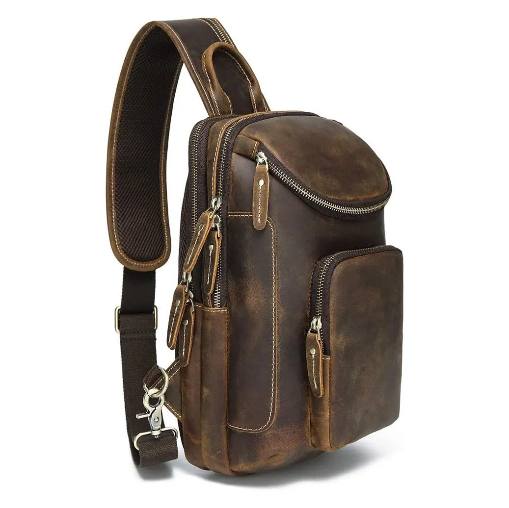 Dazzlo Vintage Full Grain Leather Sling Bag Crossbody Chest Daypack - Brown/Black/Tan/Coffee