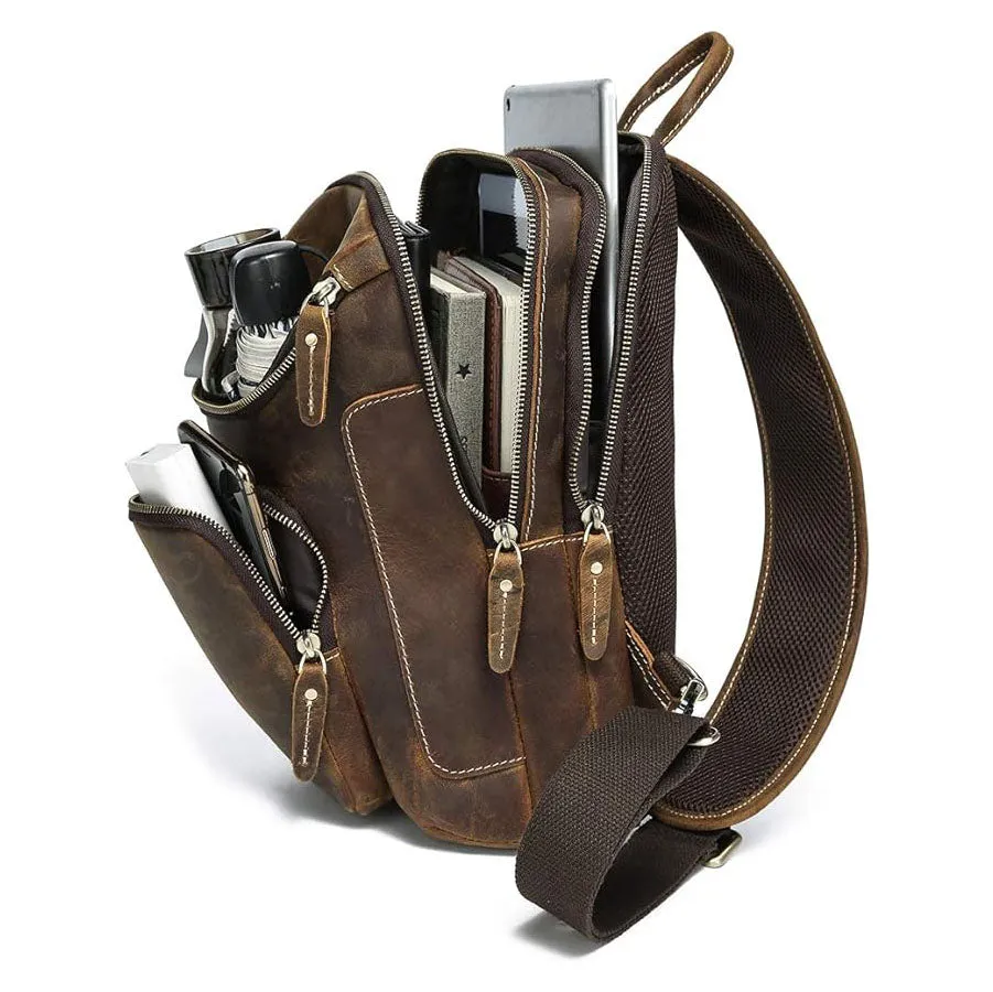 Dazzlo Vintage Full Grain Leather Sling Bag Crossbody Chest Daypack - Brown/Black/Tan/Coffee