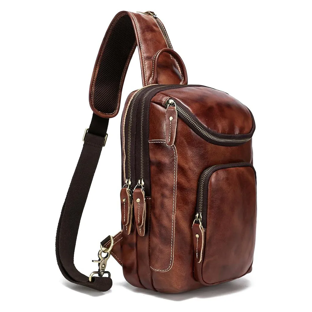 Dazzlo Vintage Full Grain Leather Sling Bag Crossbody Chest Daypack - Brown/Black/Tan/Coffee