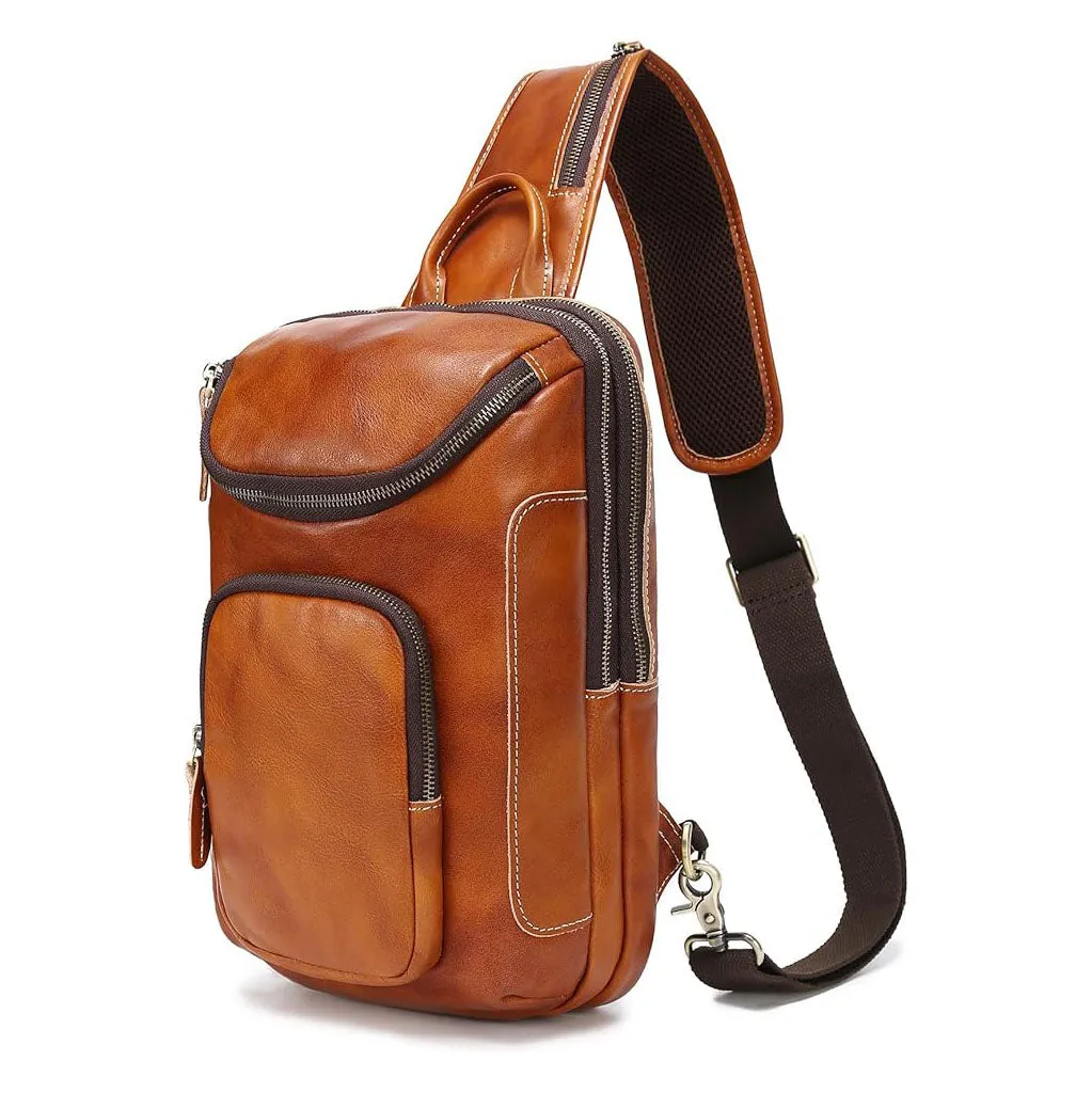 Dazzlo Vintage Full Grain Leather Sling Bag Crossbody Chest Daypack - Brown/Black/Tan/Coffee