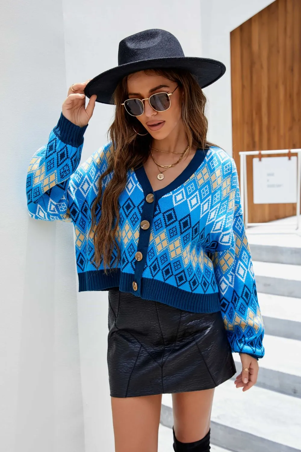 Elsa Oversized Argyle Cropped Cardigan