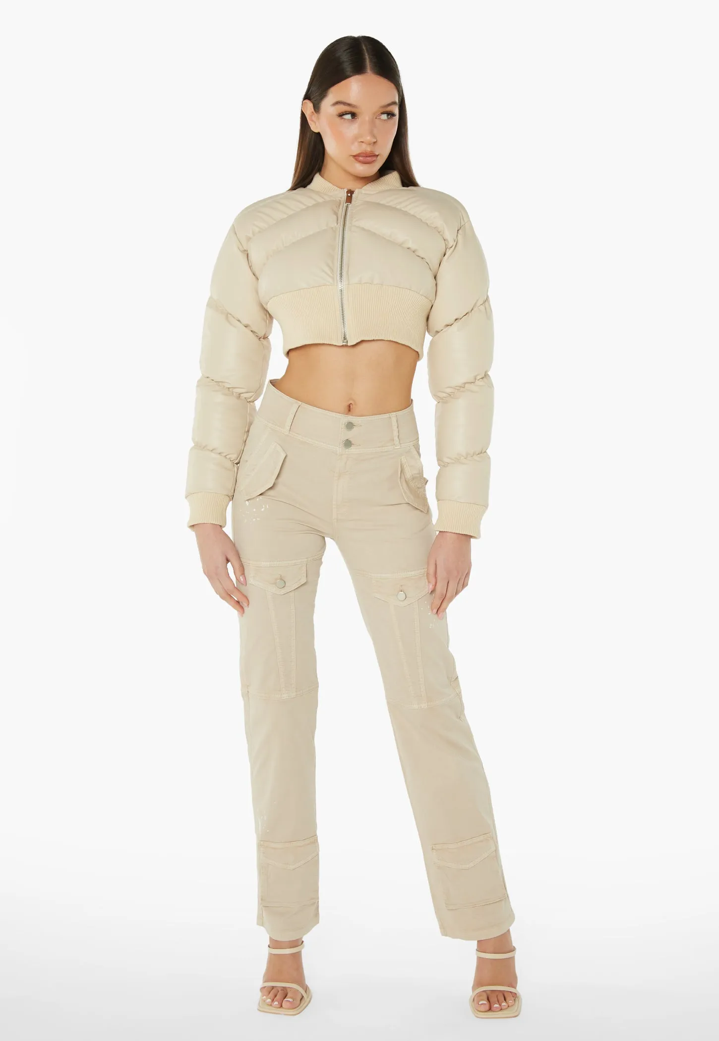 Faux Leather Cropped Bomber Jacket - Beige