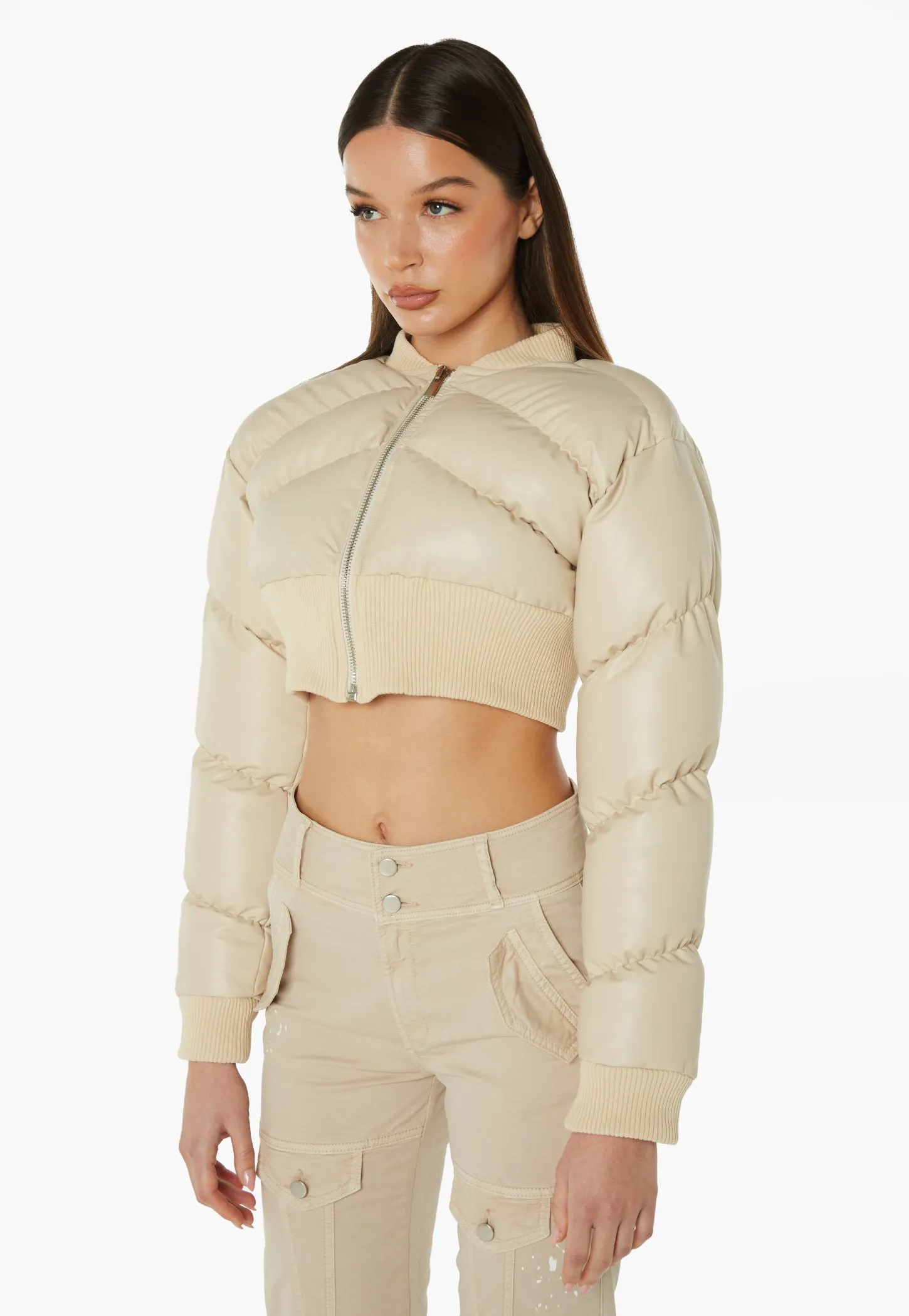 Faux Leather Cropped Bomber Jacket - Beige