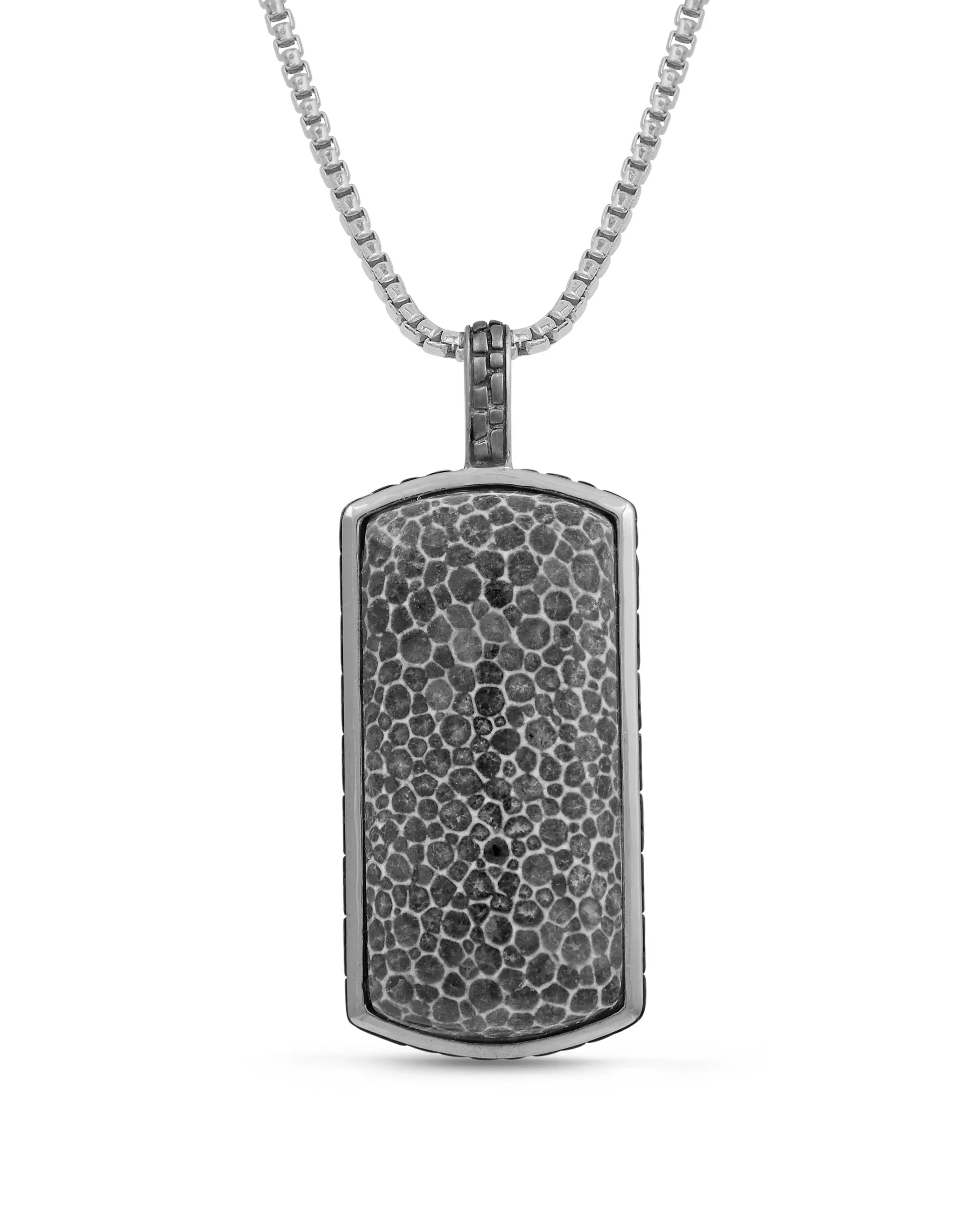 Fossil Agate Stone Tag in Black Rhodium Plated Sterling Silver