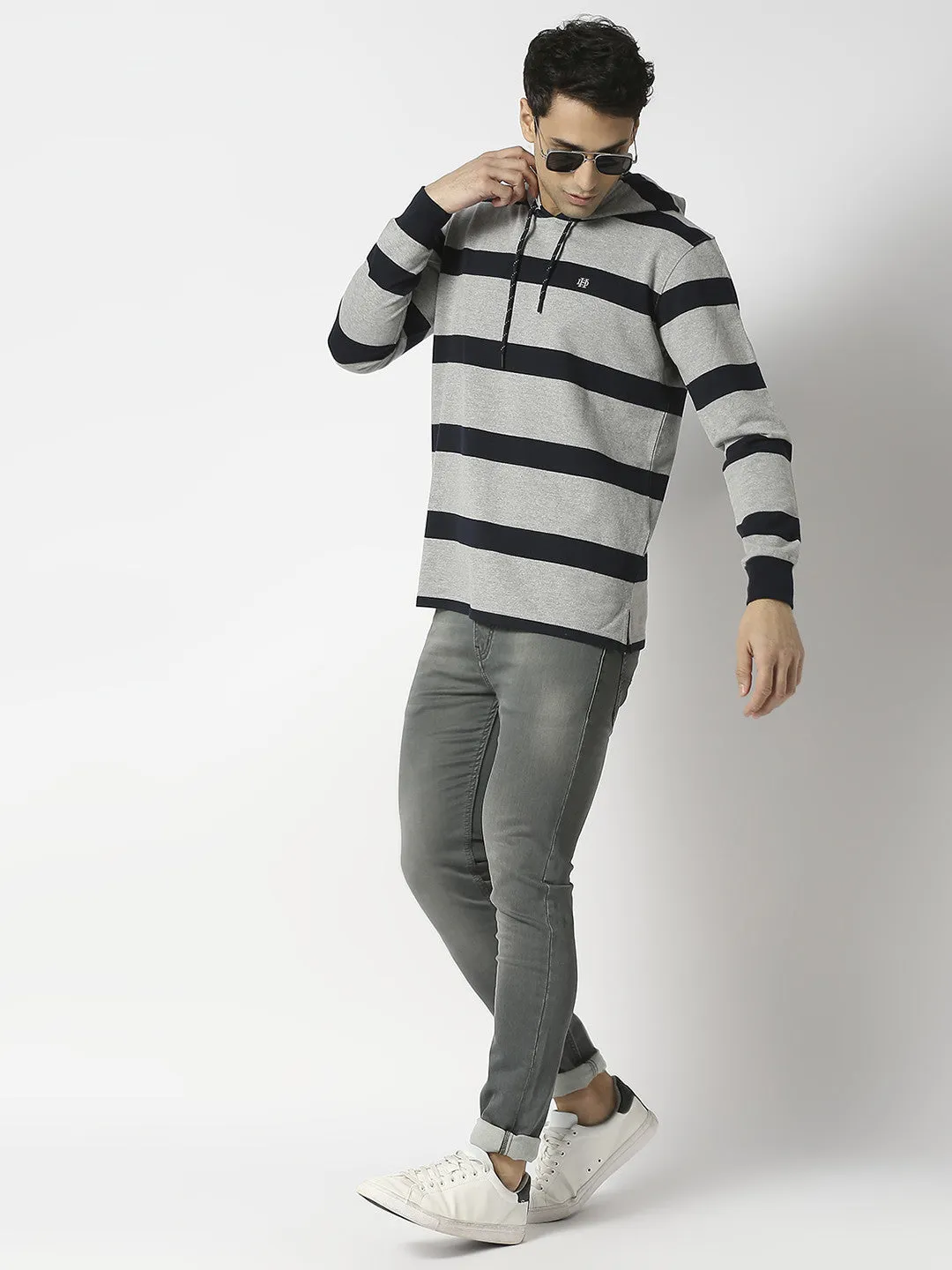 Grey Striped Sweatshirt With Hoodie