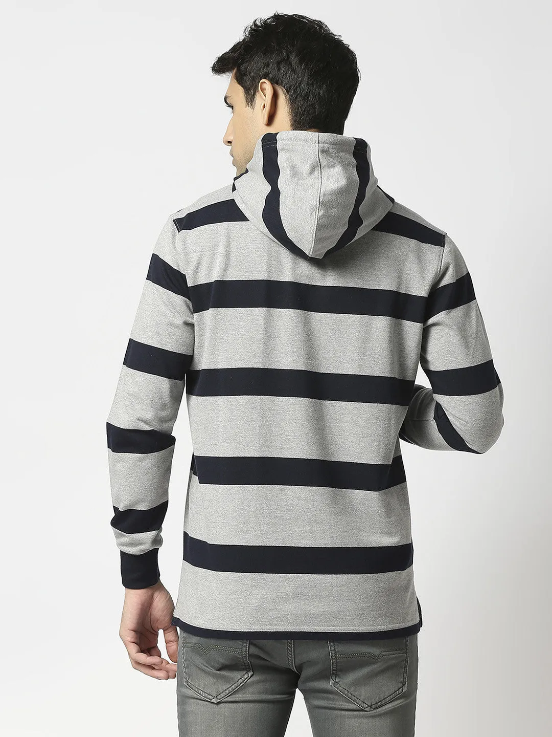 Grey Striped Sweatshirt With Hoodie