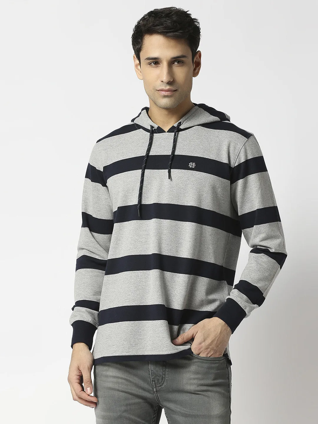 Grey Striped Sweatshirt With Hoodie