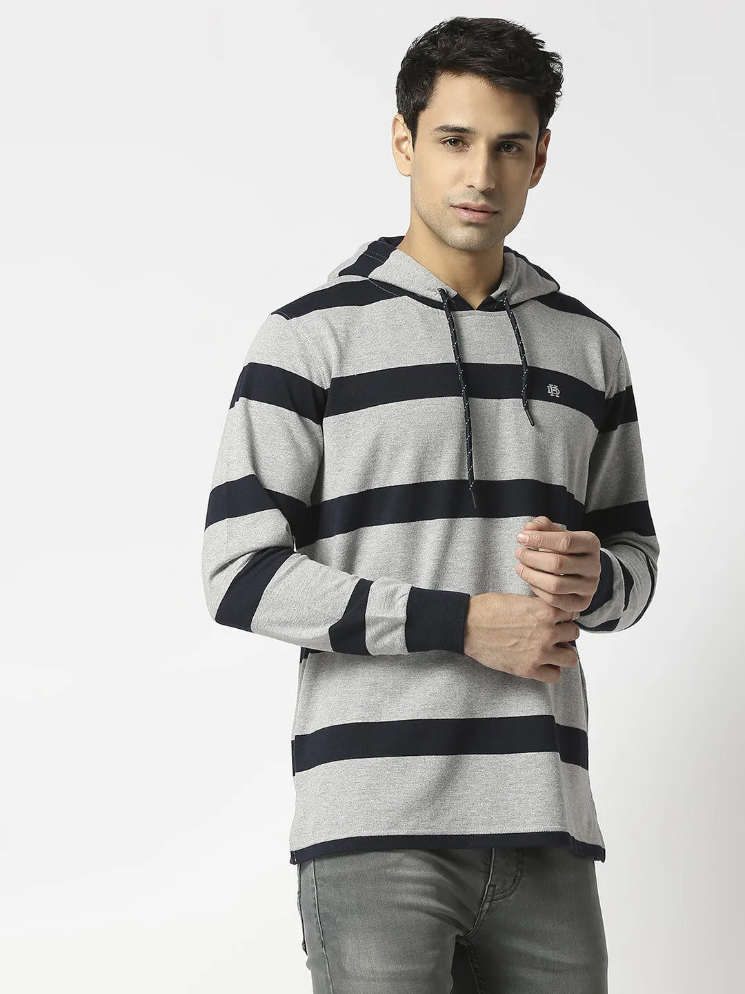 Grey Striped Sweatshirt With Hoodie