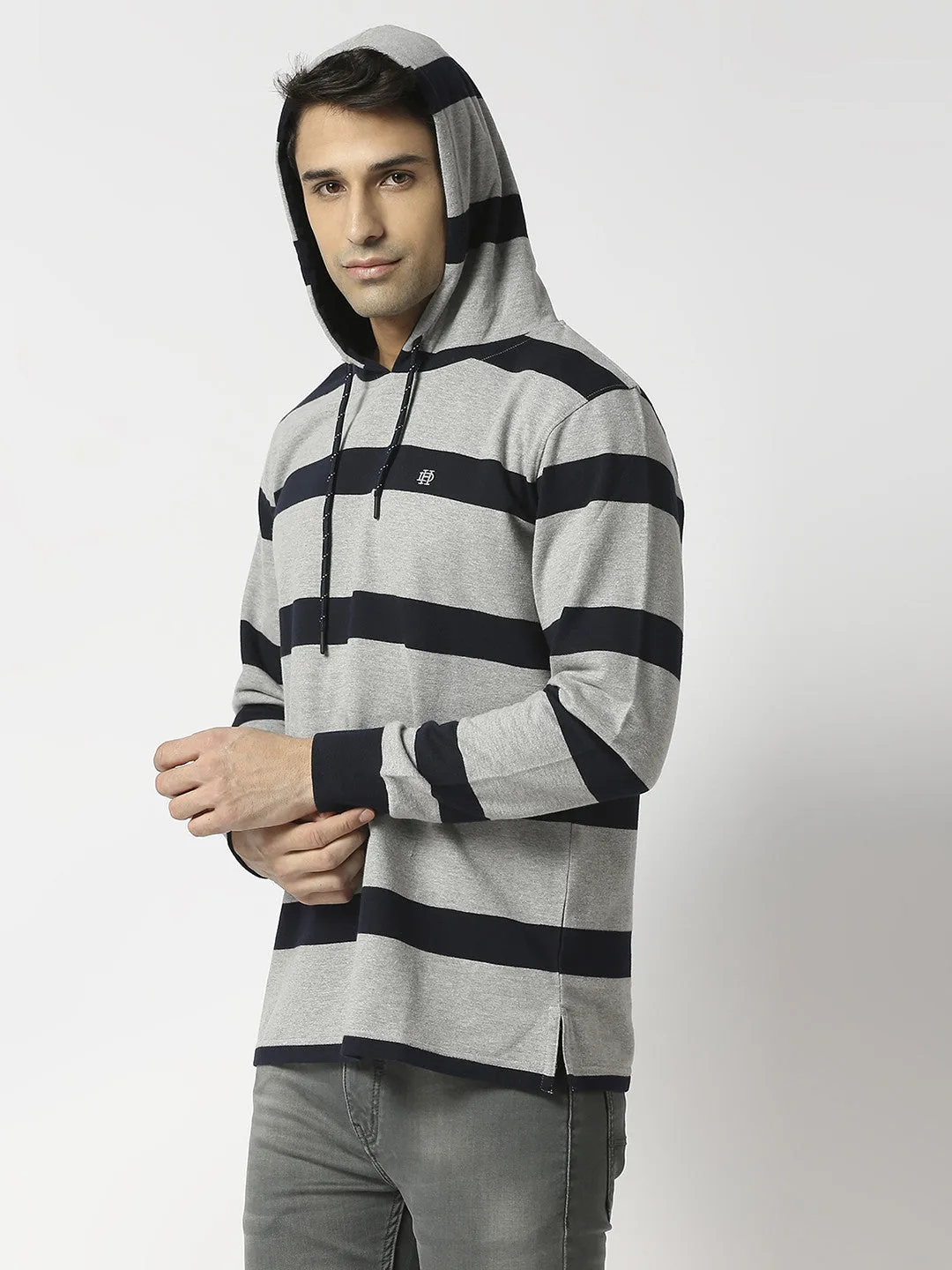 Grey Striped Sweatshirt With Hoodie