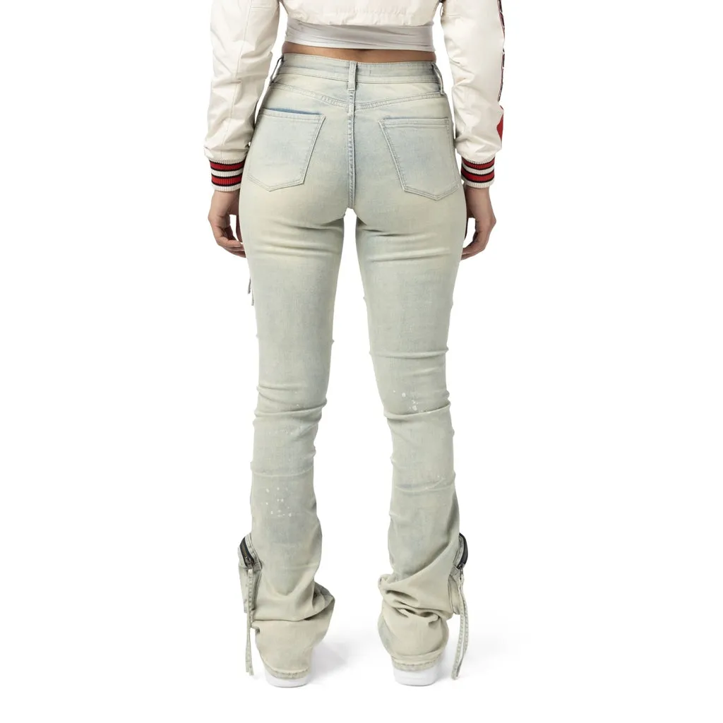 High Rise Stacked Cargo Jeans - Ombre Blue