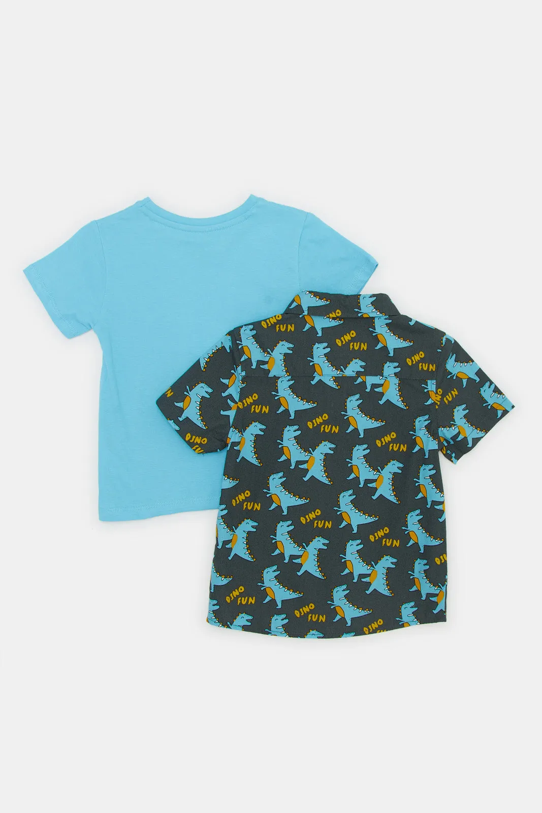 Infant Boys Blue And Navy Dino Print Shirt Set (Pack of 2)