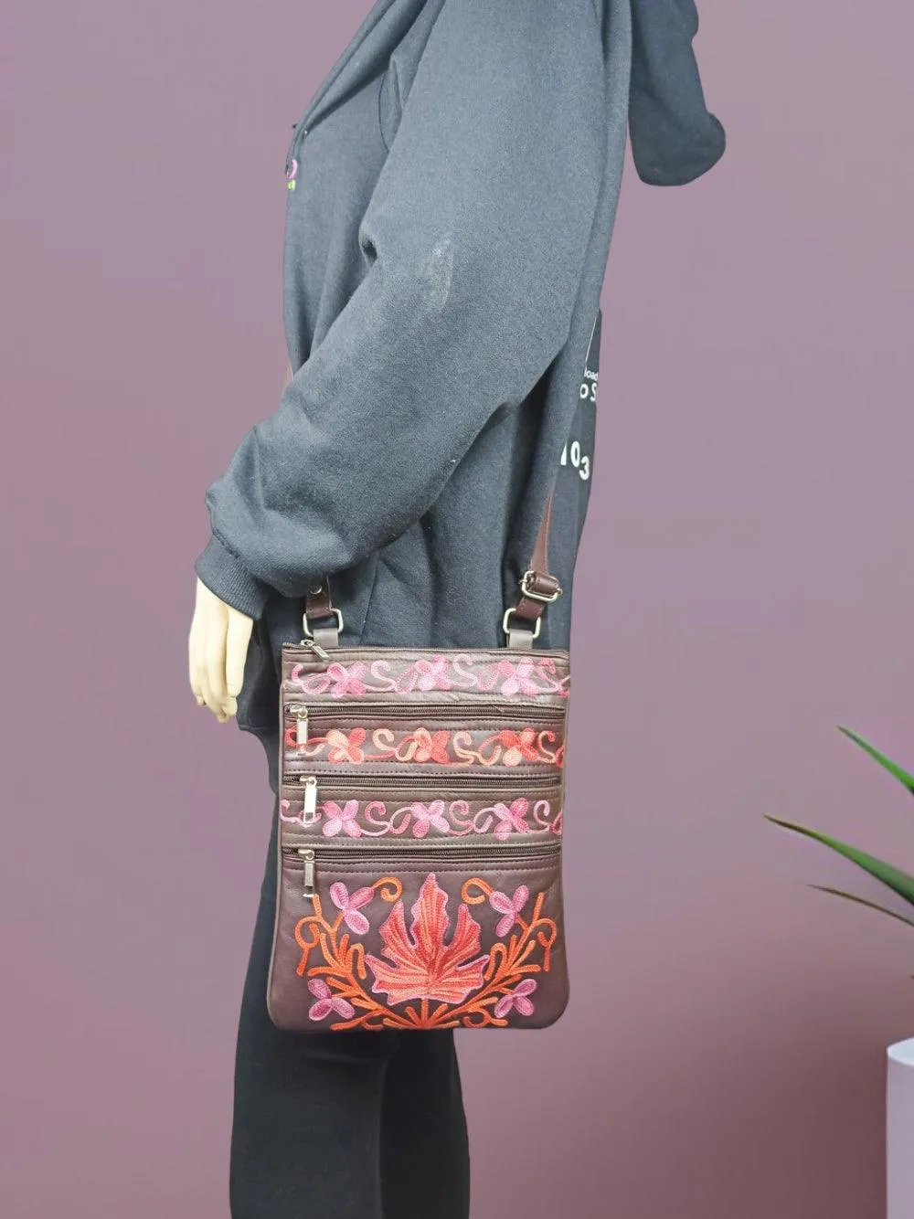 Kashmiri Embroided Sling Bag | Plain 5 Zipper | Sling Bag For Girls