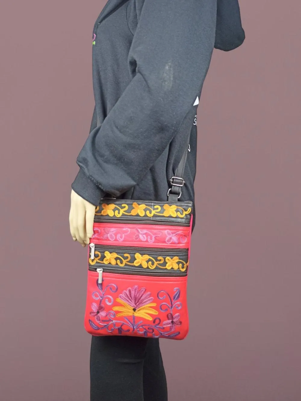 Kashmiri Embroided Sling Bag | Plain 5 Zipper | Sling Bag For Girls