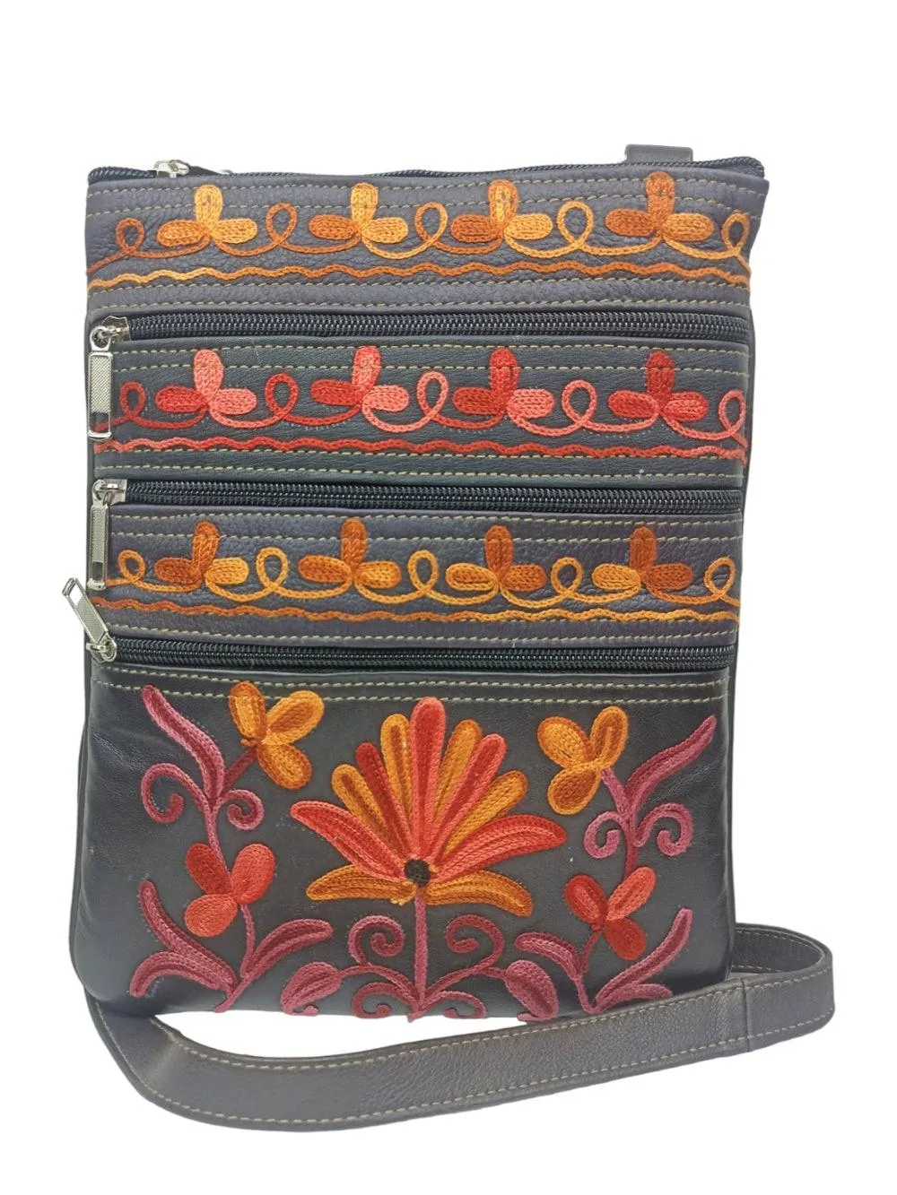 Kashmiri Embroided Sling Bag | Plain 5 Zipper | Sling Bag For Girls