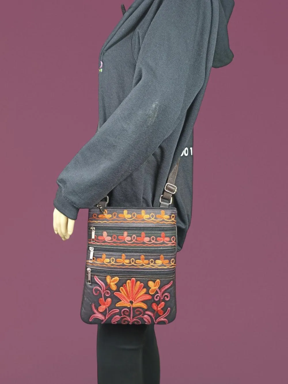 Kashmiri Embroided Sling Bag | Plain 5 Zipper | Sling Bag For Girls