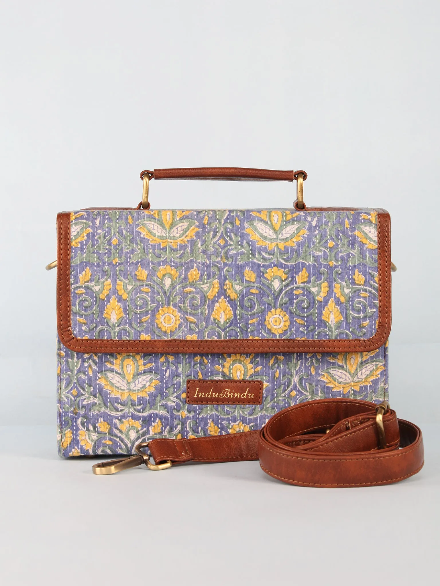 Lavender Yellow Hand Block Printed Sling Bag - B0805