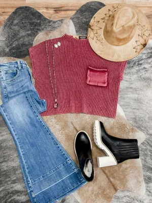 Maroon Washed Mock Neck Cropped Sweater