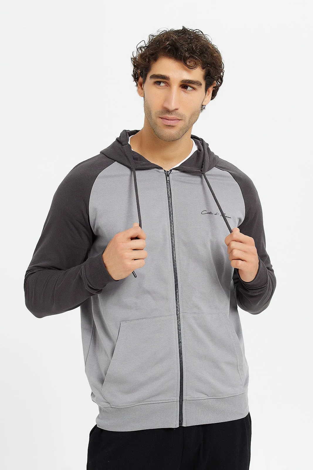 Men Charcoal And Grey Raglan Hooded sweatshirt