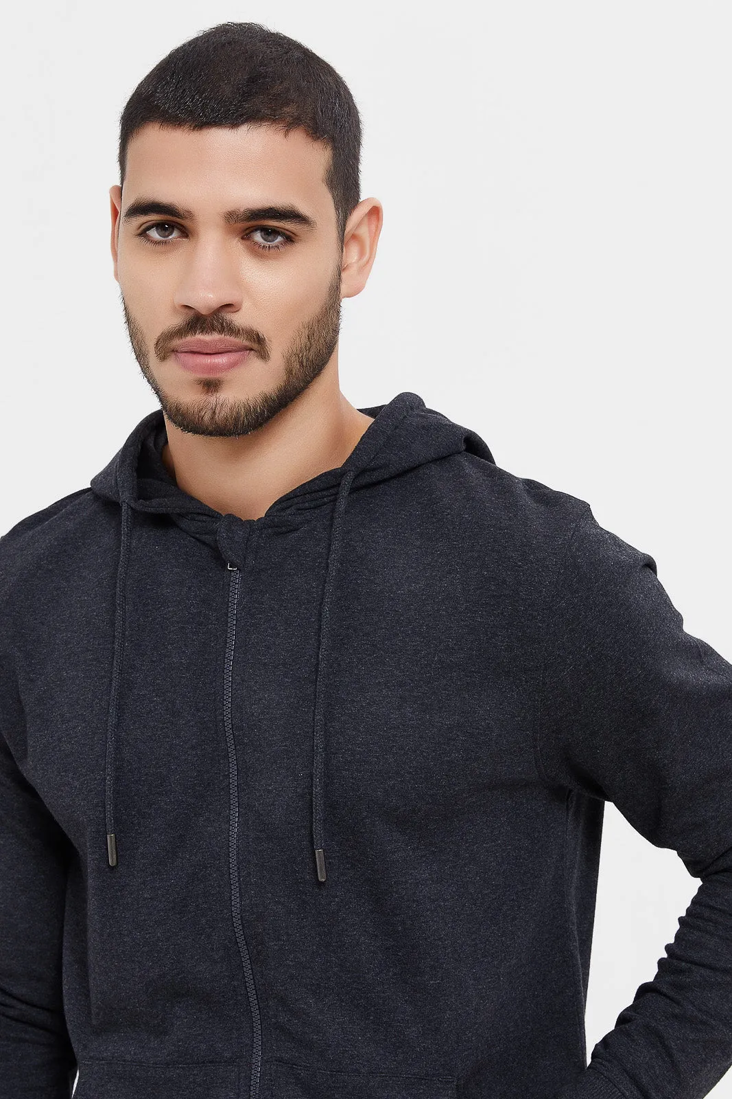 Men Charcoal Zip Hooded Sweatshirt