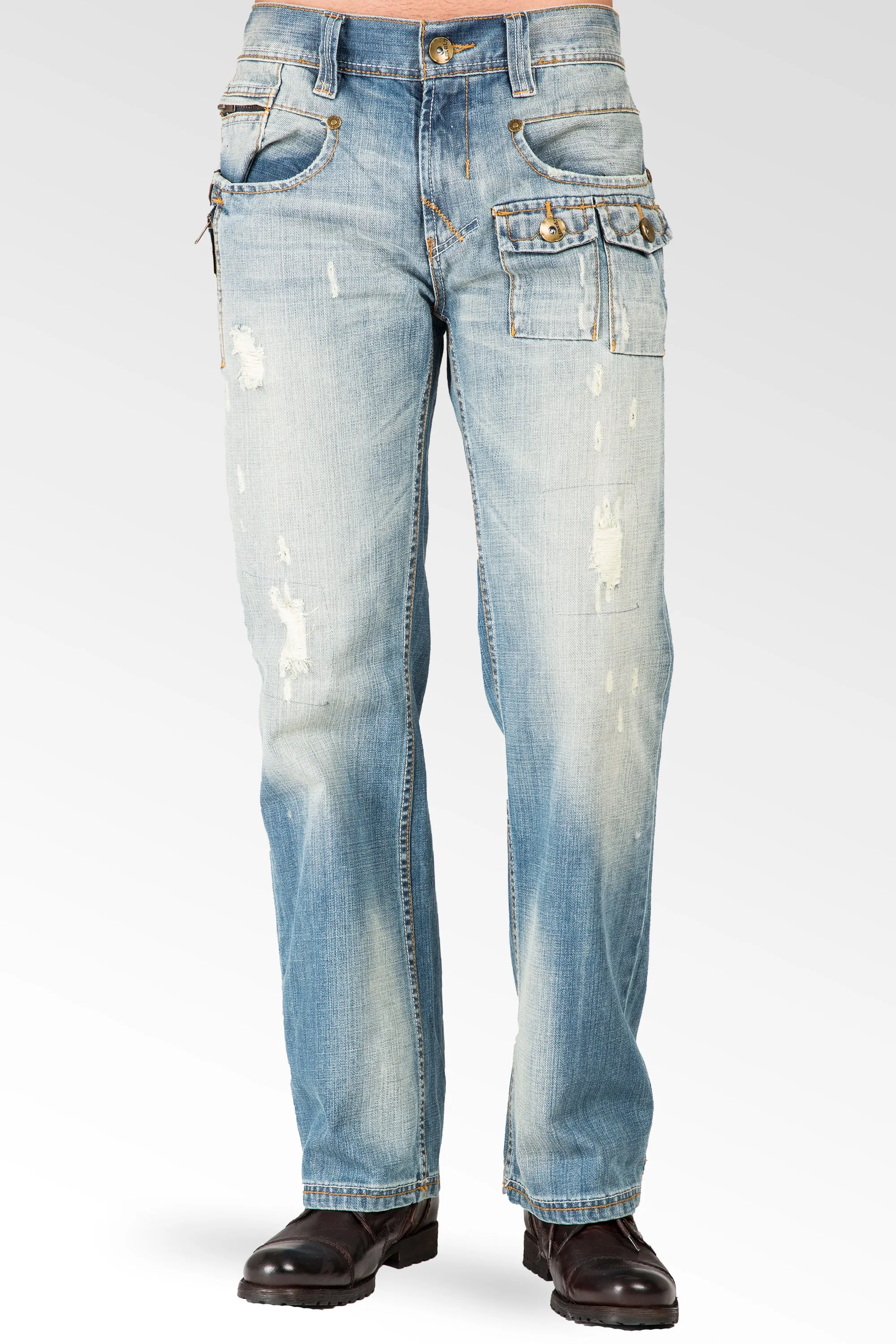 Men's Relaxed Bootcut Premium Denim Light blue Distressed Jean Zipper Utility Pocket