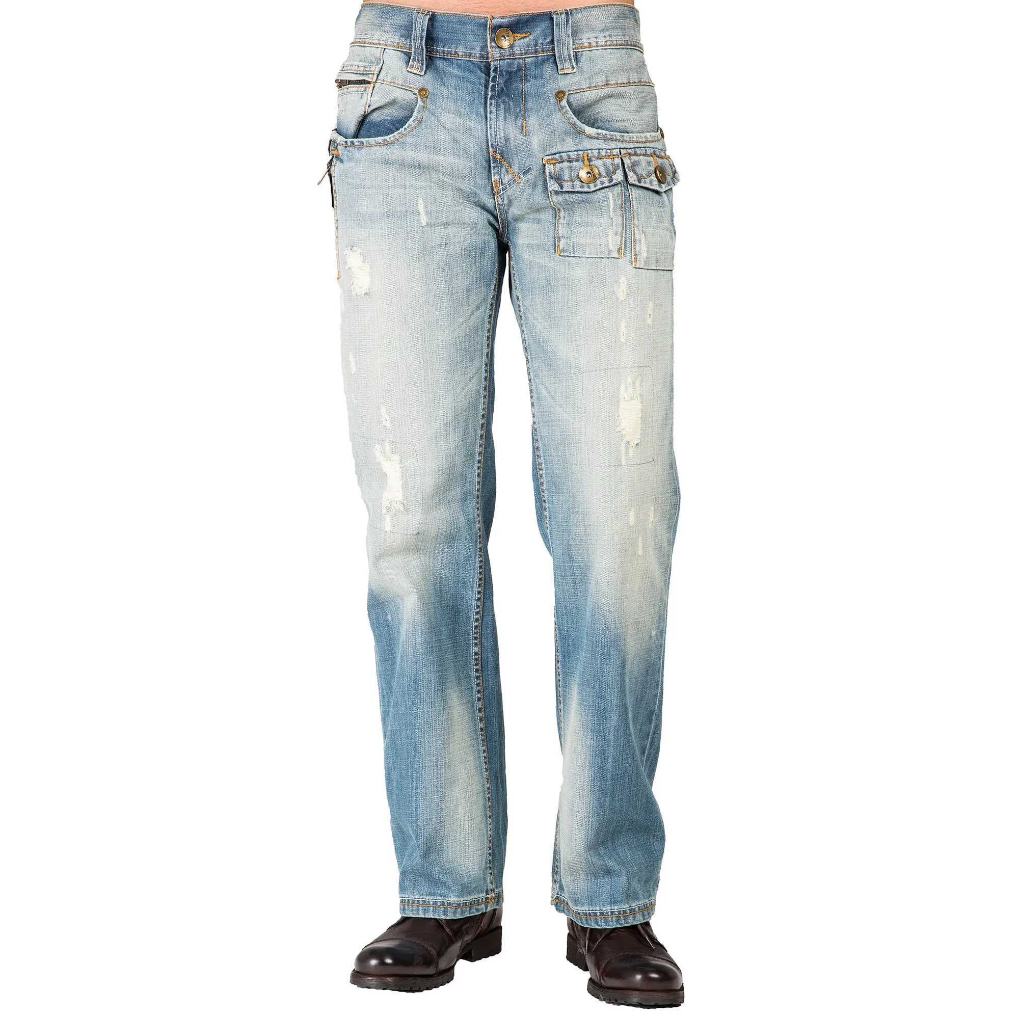 Men's Relaxed Bootcut Premium Denim Light blue Distressed Jean Zipper Utility Pocket