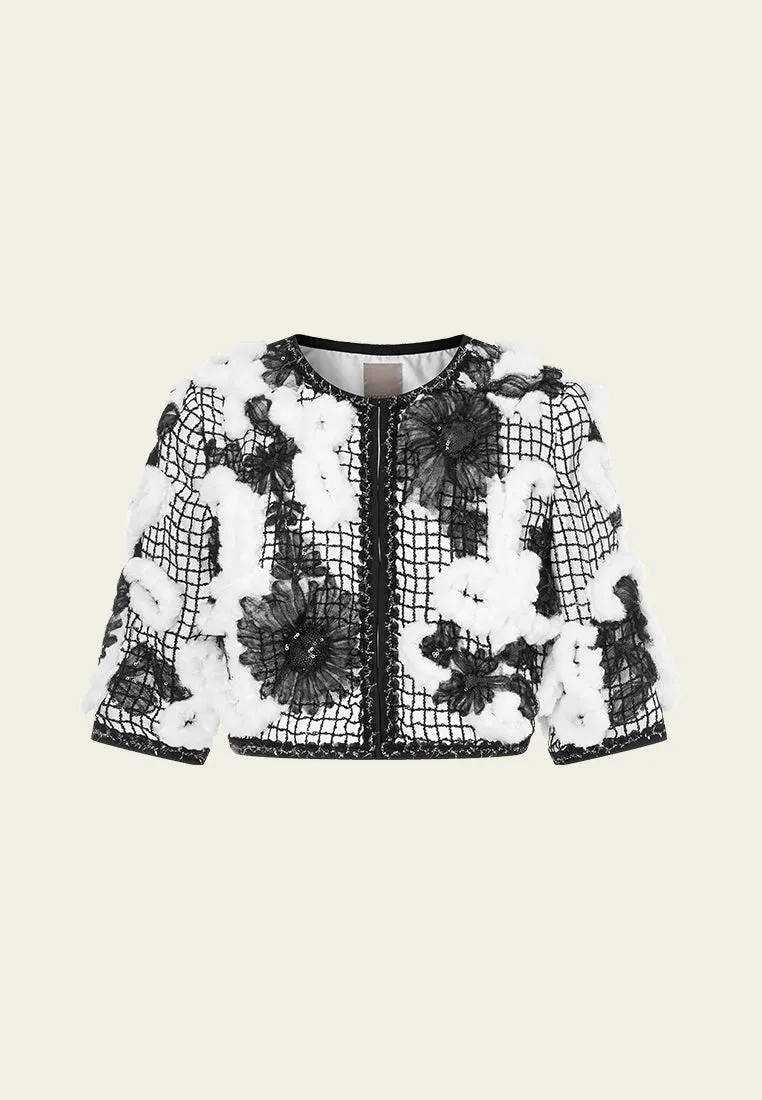 Pom-pom Floral Embellished Cropped Jacket