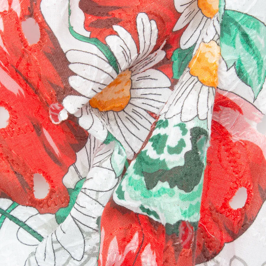 Red Floral Printed White Cotton Embroidery