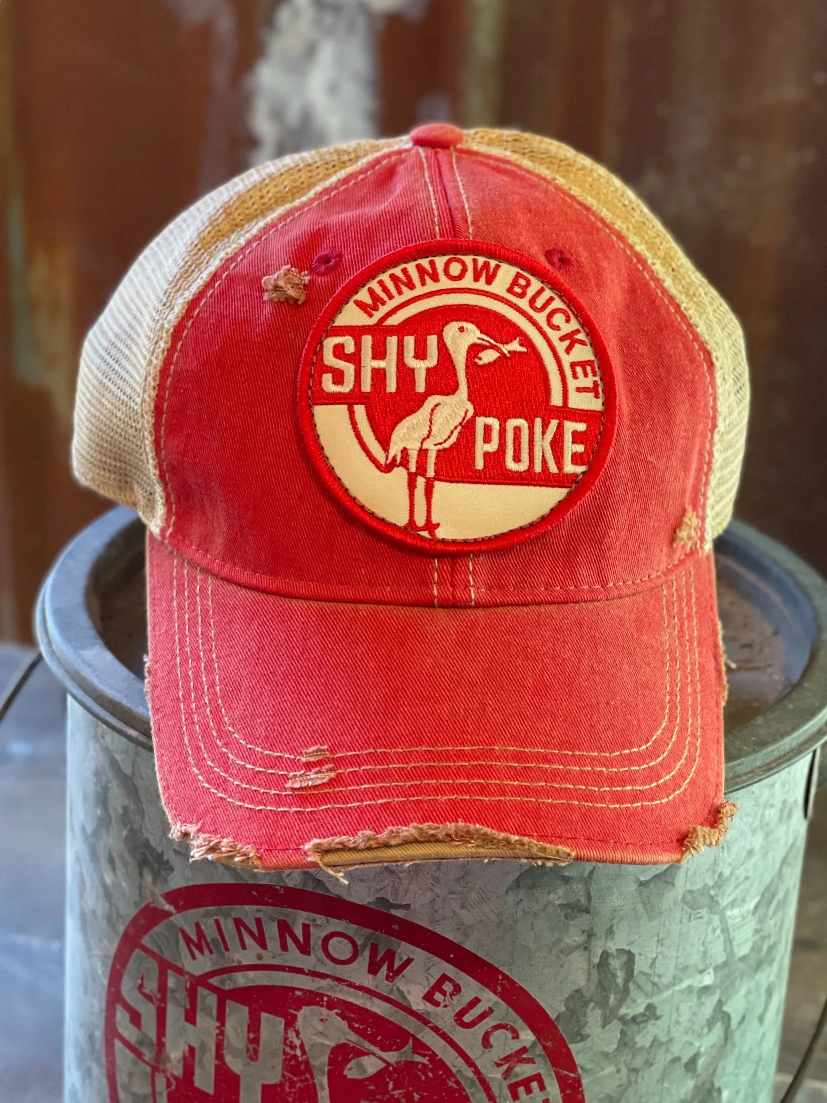 SHY POKE Minnow Bucket Hat- Distressed Red Snapback