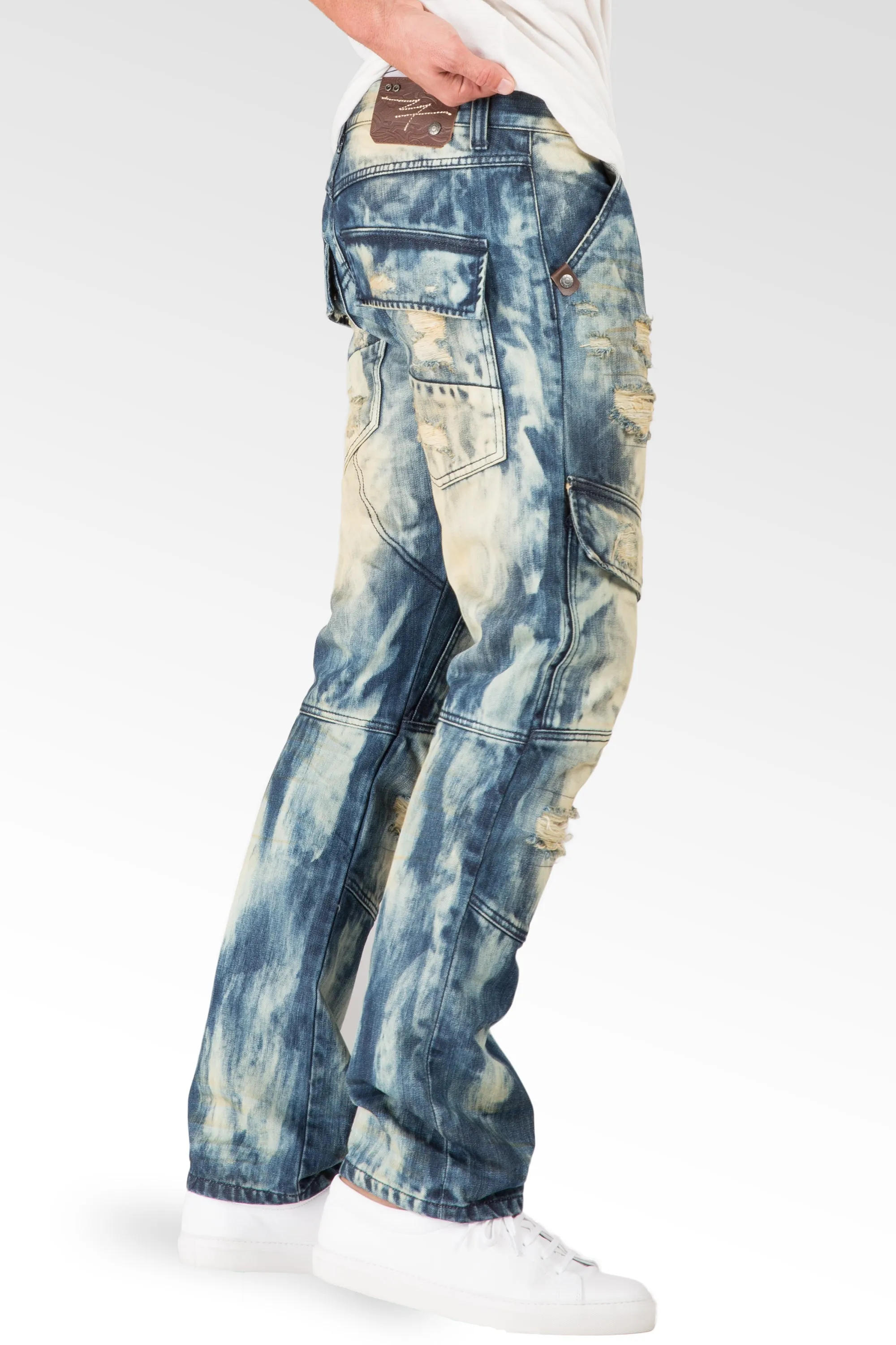 Slim Straight Premium Denim Tainted Front Cargo Pocket Jeans Ripped Mended