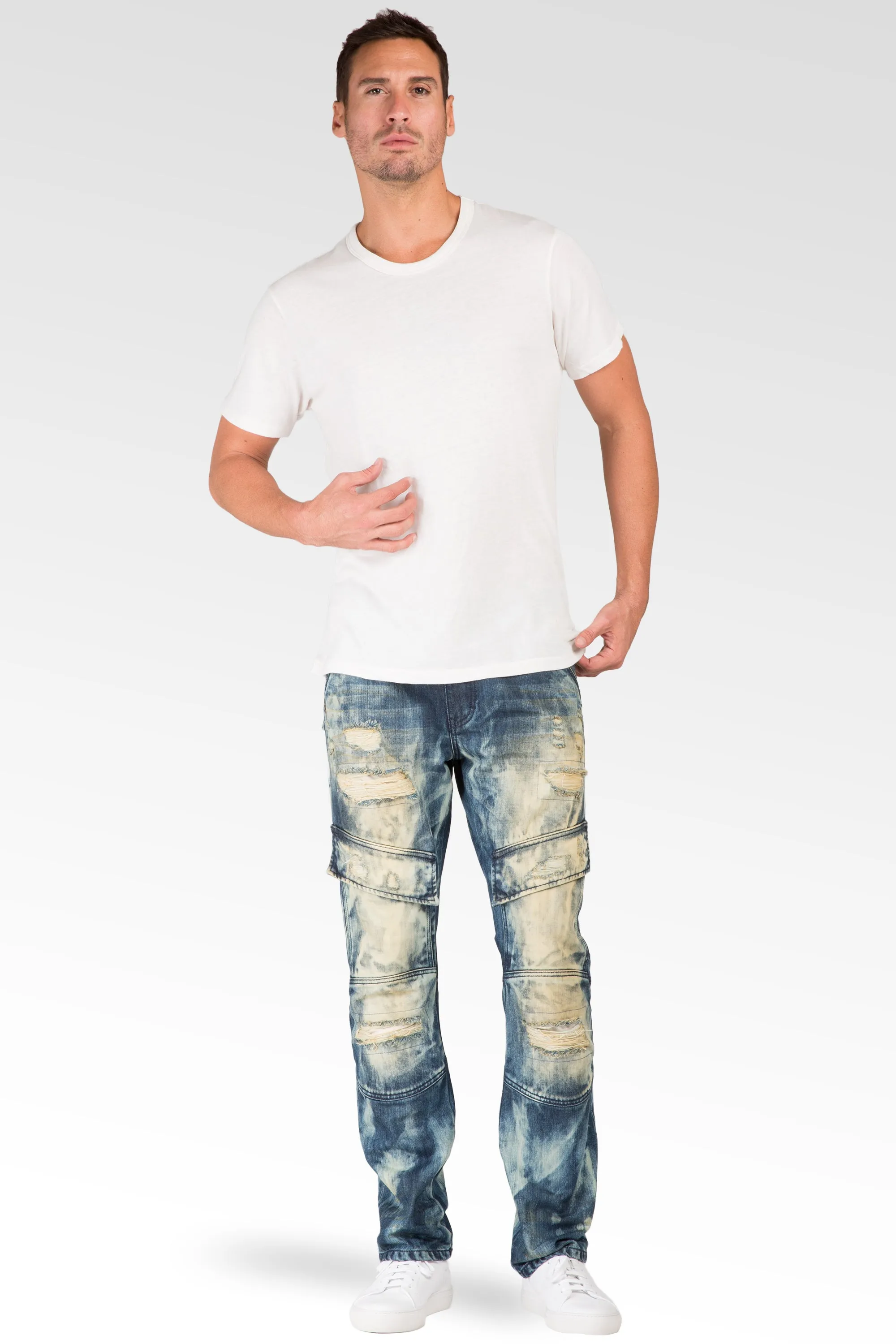 Slim Straight Premium Denim Tainted Front Cargo Pocket Jeans Ripped Mended