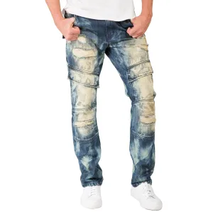 Slim Straight Premium Denim Tainted Front Cargo Pocket Jeans Ripped Mended