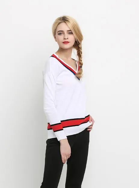 V-NECK LOOSE TOPS PREPPY STYLE WARM SOFT STRIPED SWEATSHIRTS