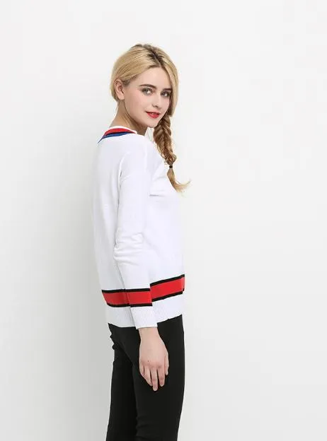 V-NECK LOOSE TOPS PREPPY STYLE WARM SOFT STRIPED SWEATSHIRTS