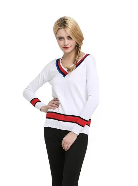 V-NECK LOOSE TOPS PREPPY STYLE WARM SOFT STRIPED SWEATSHIRTS