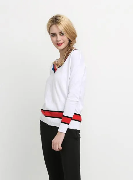 V-NECK LOOSE TOPS PREPPY STYLE WARM SOFT STRIPED SWEATSHIRTS