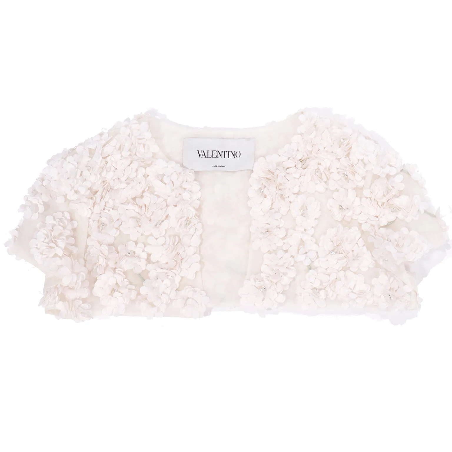 Valentino White Floral Silk Applique Cropped Shrug Bolero Jacket