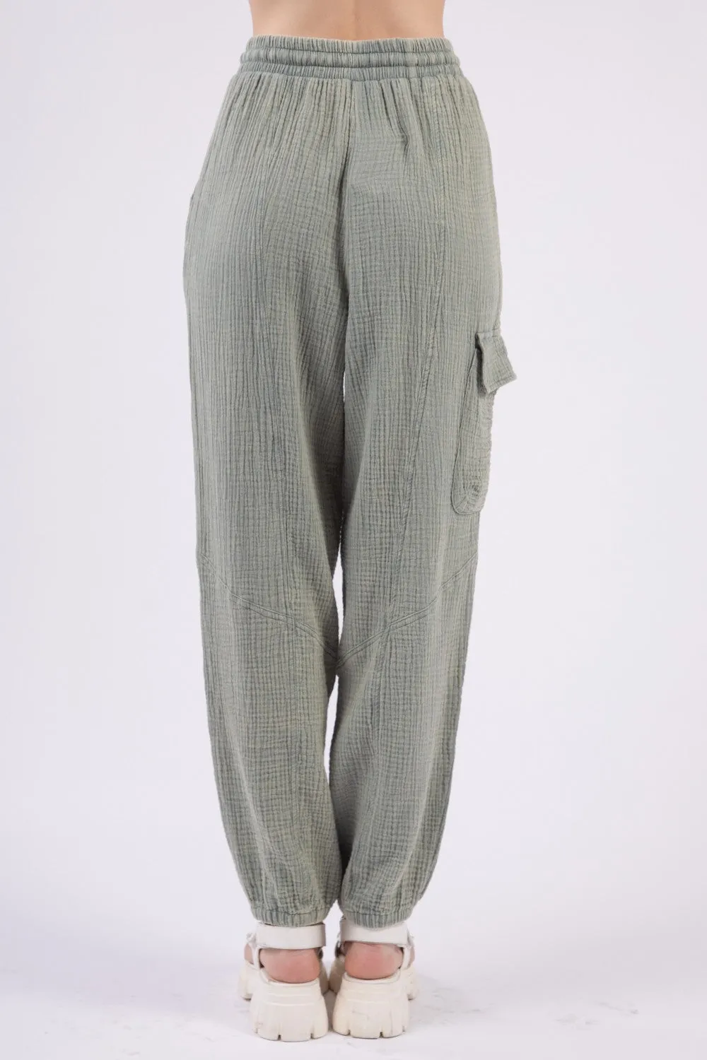 VERY J Washed Woven Crinkle Gauze Drawstring Cargo Pants