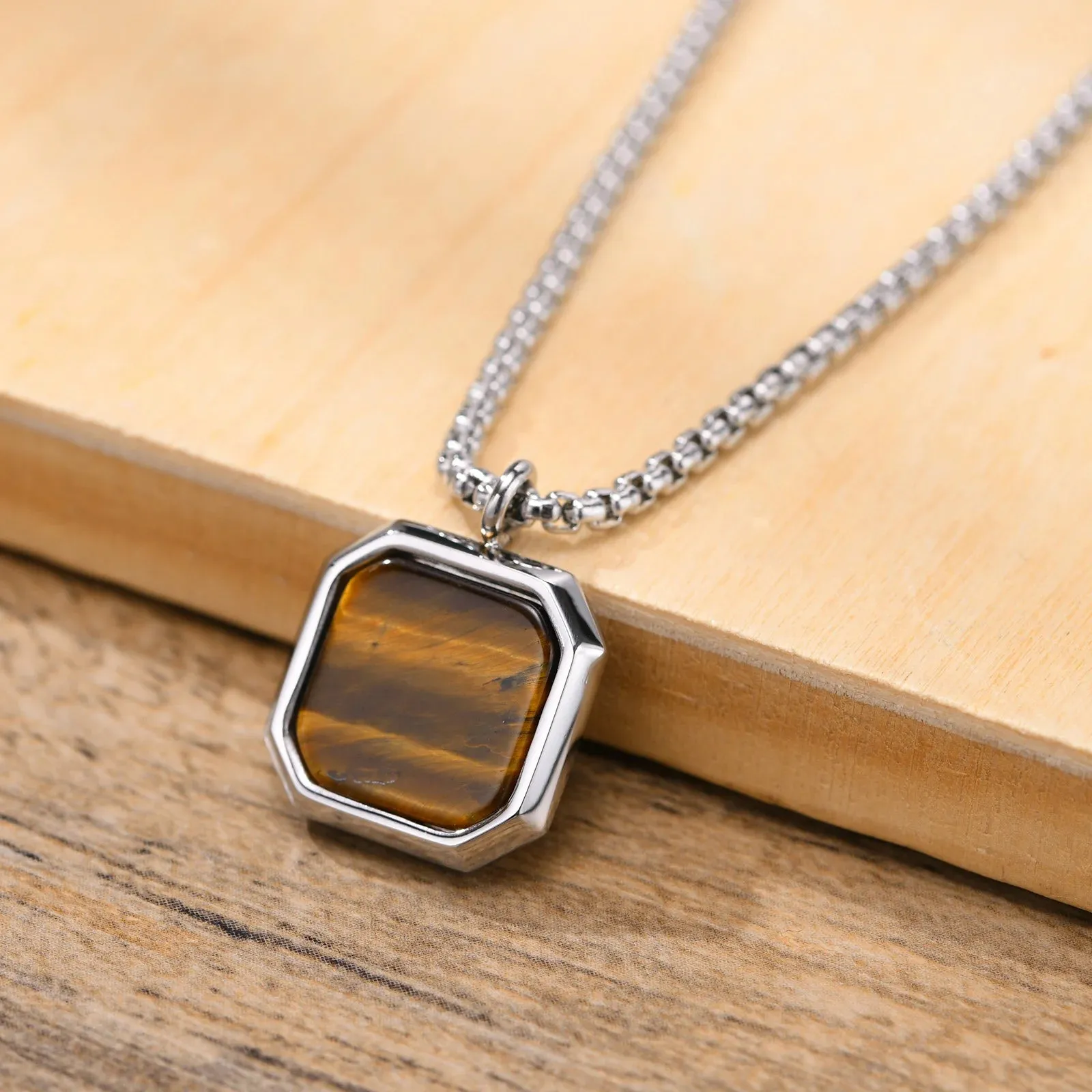 Vnox Square Natural Stone Necklaces for Men, Stylish Punk Stainless Steel Geometric Polygon Pendant Boy Male Gift Jewelry