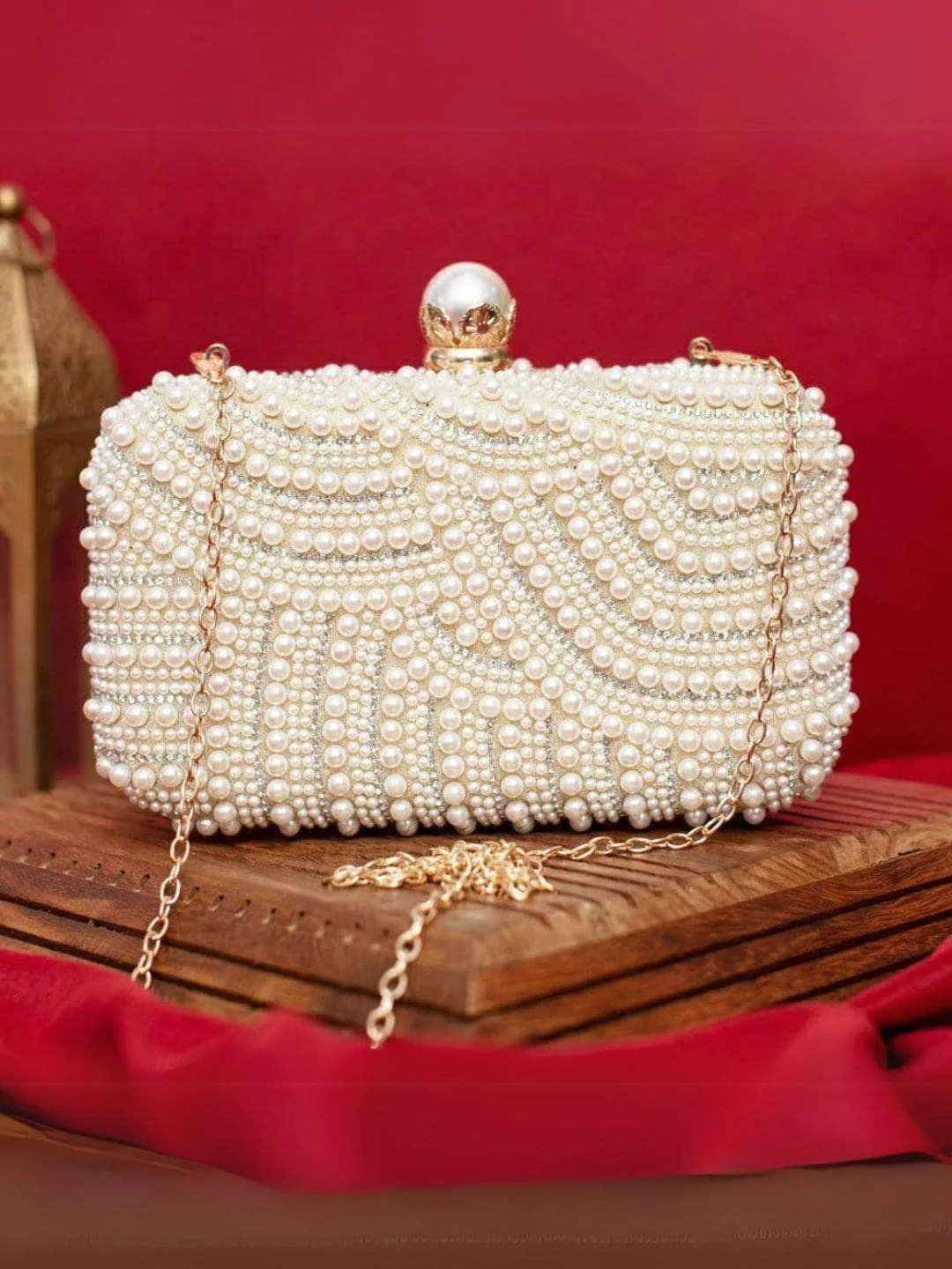 White Pearl Embellish Evening Clutch Bag