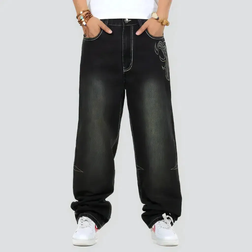 Winds-print men's baggy jeans